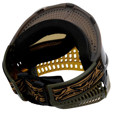 Brown and black paintball mask with a red label on a white background JT Proflex SE Goggle Brown Ice w Bronze Lens