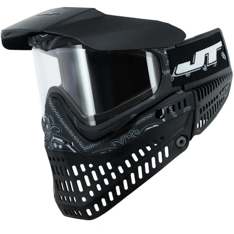 Black JT Proflex paintball mask with bandana pattern on the goggle frame, lower skirt, and strap, featuring a clear thermal lens and vented design.