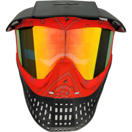 Front of Red and black JT ProFlex Bandana Goggle Red w Hi Def and Clear Lens paintball mask with yellow orange lens on a white background