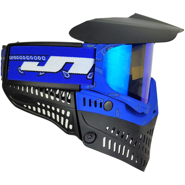 Right side Blue and black JT ProFlex Bandana Goggle Blue w Sky and Clear Lens paintball mask with JT logo on a white background