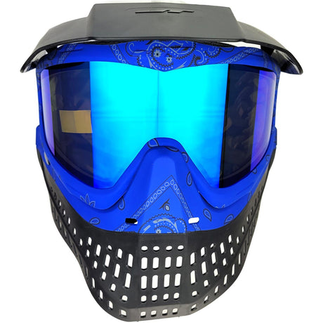 Front of  Blue and black JT ProFlex Bandana Goggle Blue w Sky and Clear Lens paintball mask with JT logo on a white background