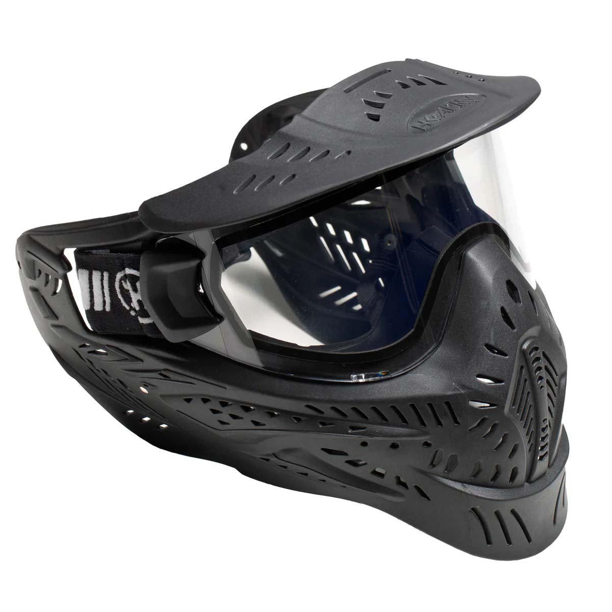 Top right angle Black HK Army HSTL Thermal Paintball Goggle mask with a clear lens and white AK logo on the side, shown against a plain white background.