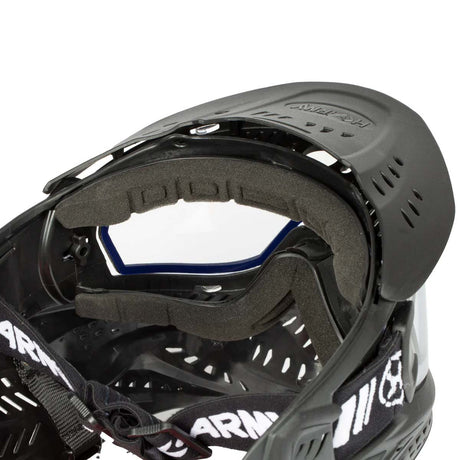 Inside foam Black HK Army HSTL Thermal Paintball Goggle mask with a clear lens and white AH logo on the side, shown against a plain white background.