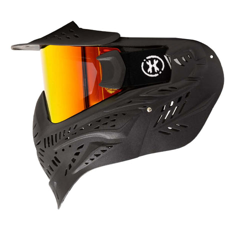 left side Black HK Army HSTL Thermal Paintball Goggle mask with a fire red lens and white AH logo on the side, shown against a plain white background.