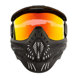 Front of Black HK Army HSTL Thermal Paintball Goggle mask with a fire red lens and white AH logo on the side, shown against a plain white background.