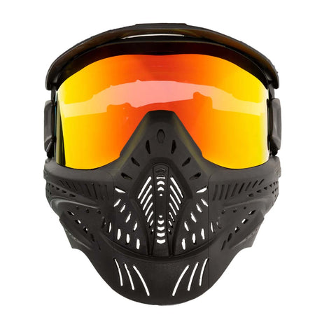 Front of Black HK Army HSTL Thermal Paintball Goggle mask with a fire red lens and white AH logo on the side, shown against a plain white background.