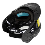 Back of Black HK Army HSTL Thermal Paintball Goggle mask with a fire red lens and white AH logo on the side, shown against a plain white background.