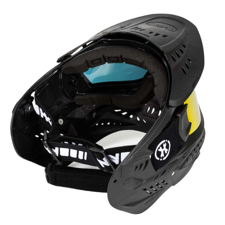 Back of Black HK Army HSTL Thermal Paintball Goggle mask with a fire red lens and white AH logo on the side, shown against a plain white background.