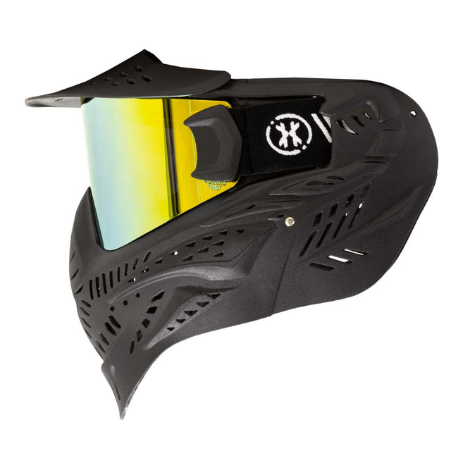 Black HK Army HSTL Thermal Paintball Goggle mask with a gold lens and white AH logo on the side, shown without a chin strap against a plain white background.