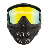 Front of Black HK Army HSTL Thermal Paintball Goggle mask with a gold lens and white AH logo on the side, shown against a plain white background.