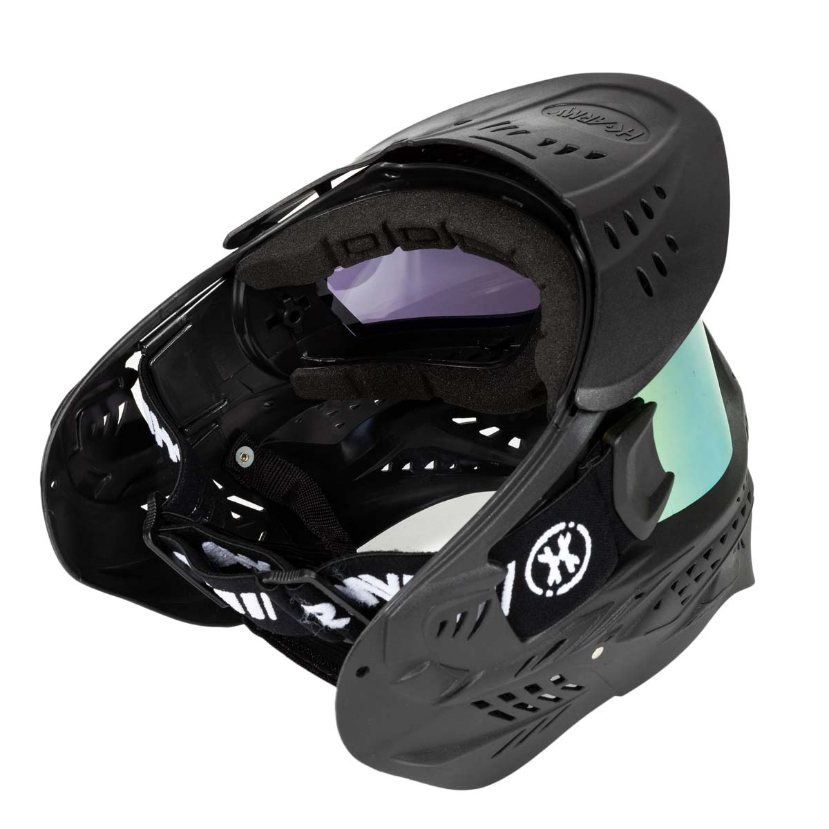 Back of Black HK Army HSTL Thermal Paintball Goggle mask with a gold lens and white AK logo on the side, shown against a plain white background.