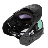 Back of Black HK Army HSTL Thermal Paintball Goggle mask with a gold lens and white AH logo on the side, shown against a plain white background.