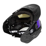 back of Black HK Army HSTL Thermal Paintball Goggle mask with a blue lens and white AH logo on the side, shown against a plain white background.