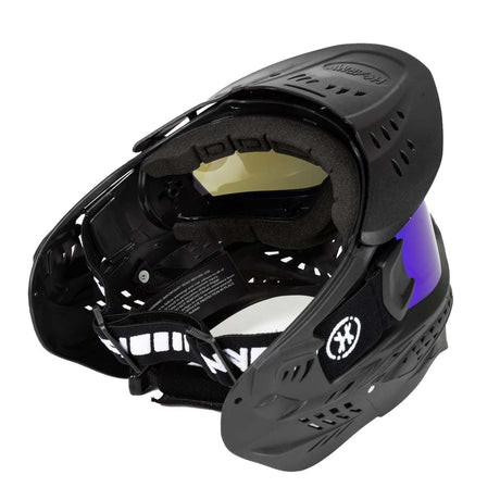 back of Black HK Army HSTL Thermal Paintball Goggle mask with a blue lens and white AH logo on the side, shown against a plain white background.