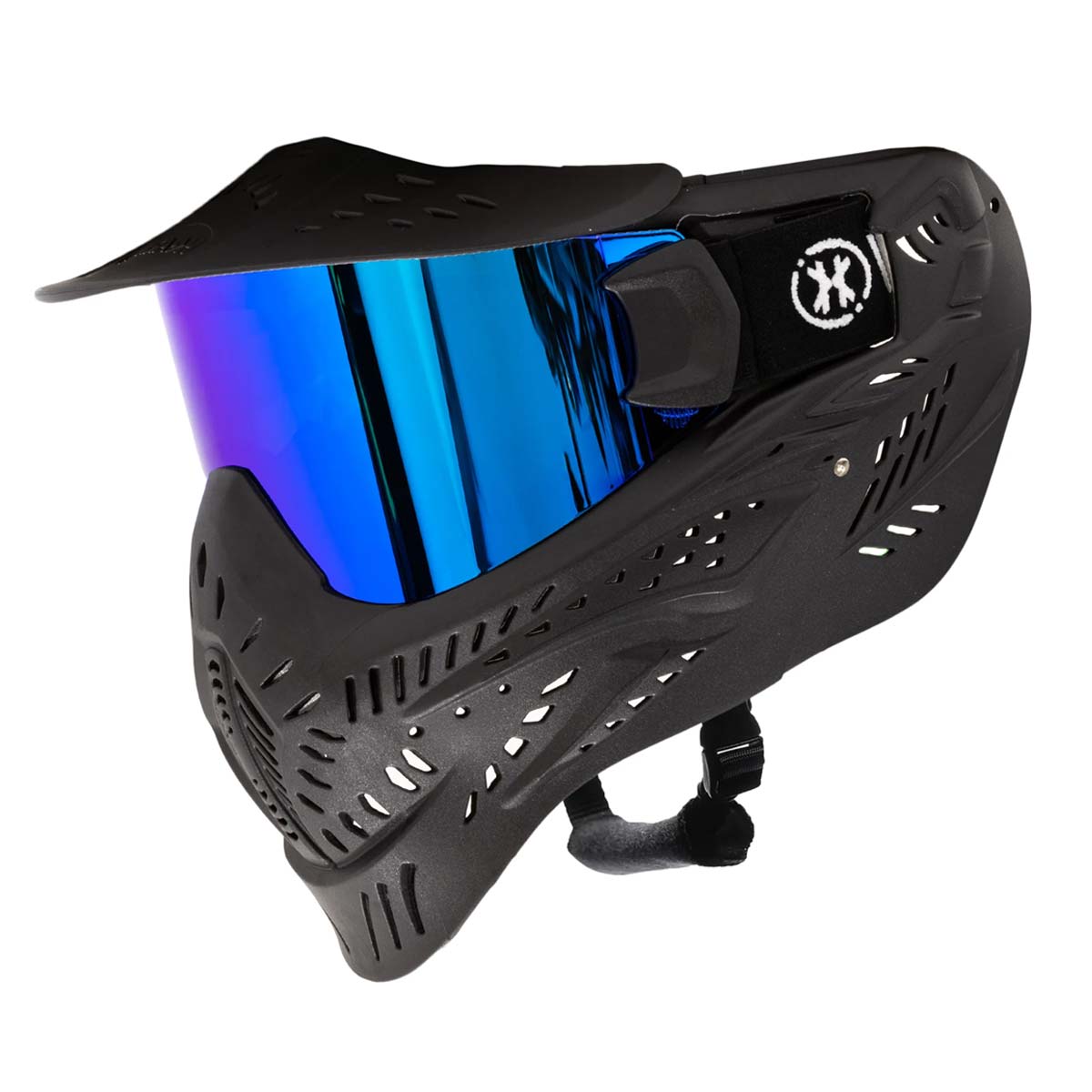 Black HK Army HSTL Thermal Paintball Goggle mask with a blue lens and white AK logo on the side, shown against a plain white background.