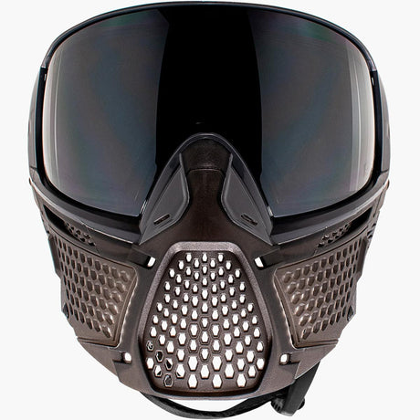 Front of Black and opaque brown paintball goggle with a black lens CRBN Zero PRO Goggle Graphite More Coverage on a white background