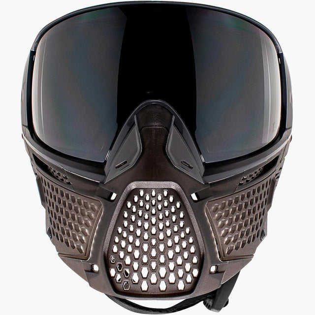 Front of Black and opaque brown paintball goggle with a black lens CRBN Zero PRO Goggle Graphite More Coverage on a white background