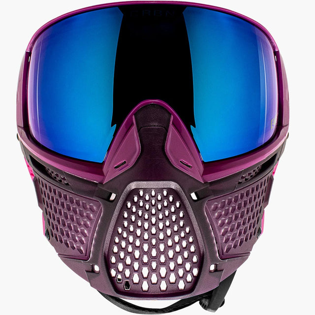 Front of Purple pink goggles with a blue lens CRBN Zero PRO Goggle Violet Less Coverage on a white background