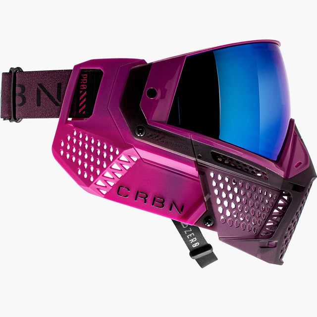 Right side of Purple pink goggles with a blue lens CRBN Zero PRO Goggle Violet Less Coverage on a white background