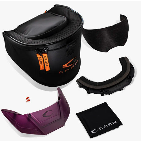 Case, visor, foam, wipe, extra lens for a Purple pink goggle CRBN Zero PRO Goggle Violet Less Coverage on a white background