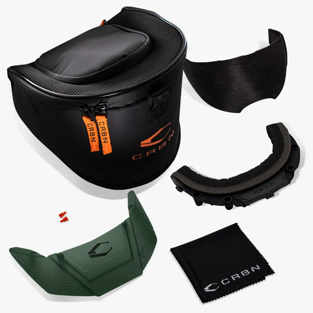 Case, visor, extra lens, foam and wipe for Green and tan paintball goggle with red orange lens CRBN Zero PRO Goggle Safari More Coverage on a white background