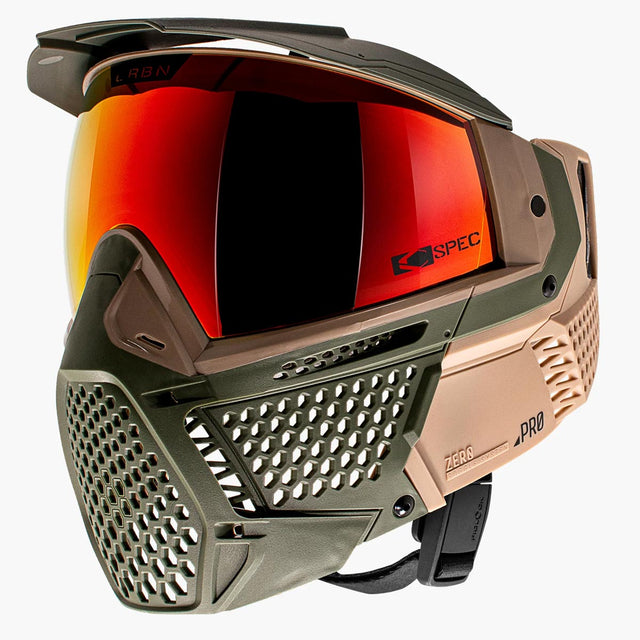 Left side angle Green and tan paintball goggle with red orange lens CRBN Zero PRO Goggle Safari More Coverage on a white background