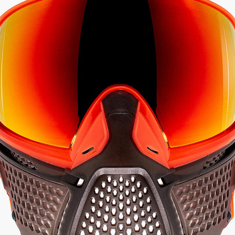 Front view Orange and brown paintball goggle with an orange lens CRBN Zero PRO Goggle Blaze Orange More Coverage on a white background