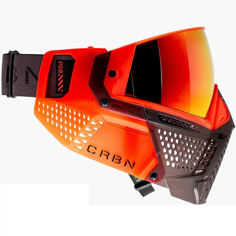 Right side Orange and brown paintball goggle with an orange lens CRBN Zero PRO Goggle Blaze Orange More Coverage on a white background