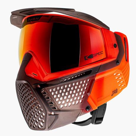 Side angle Orange and brown paintball goggle with an orange lens CRBN Zero PRO Goggle Blaze Orange More Coverage on a white background