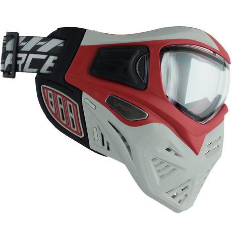 Left side of Red and gray paintball mask with VForce branding VForce Grill 2.0 Paintball Mask Dragon Red Grey on a white background