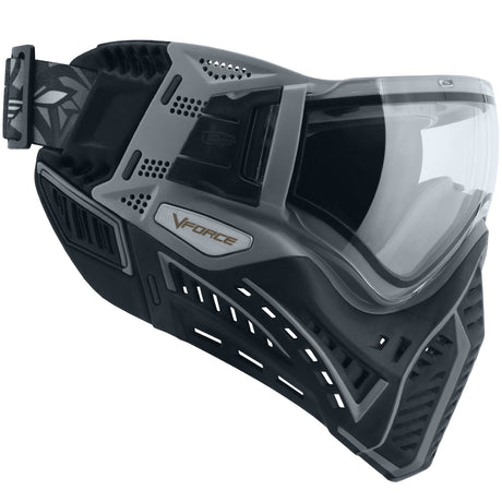 Right side VForce Profiler 2.0 Paintball Goggle Black Grey with clear lens on a white background