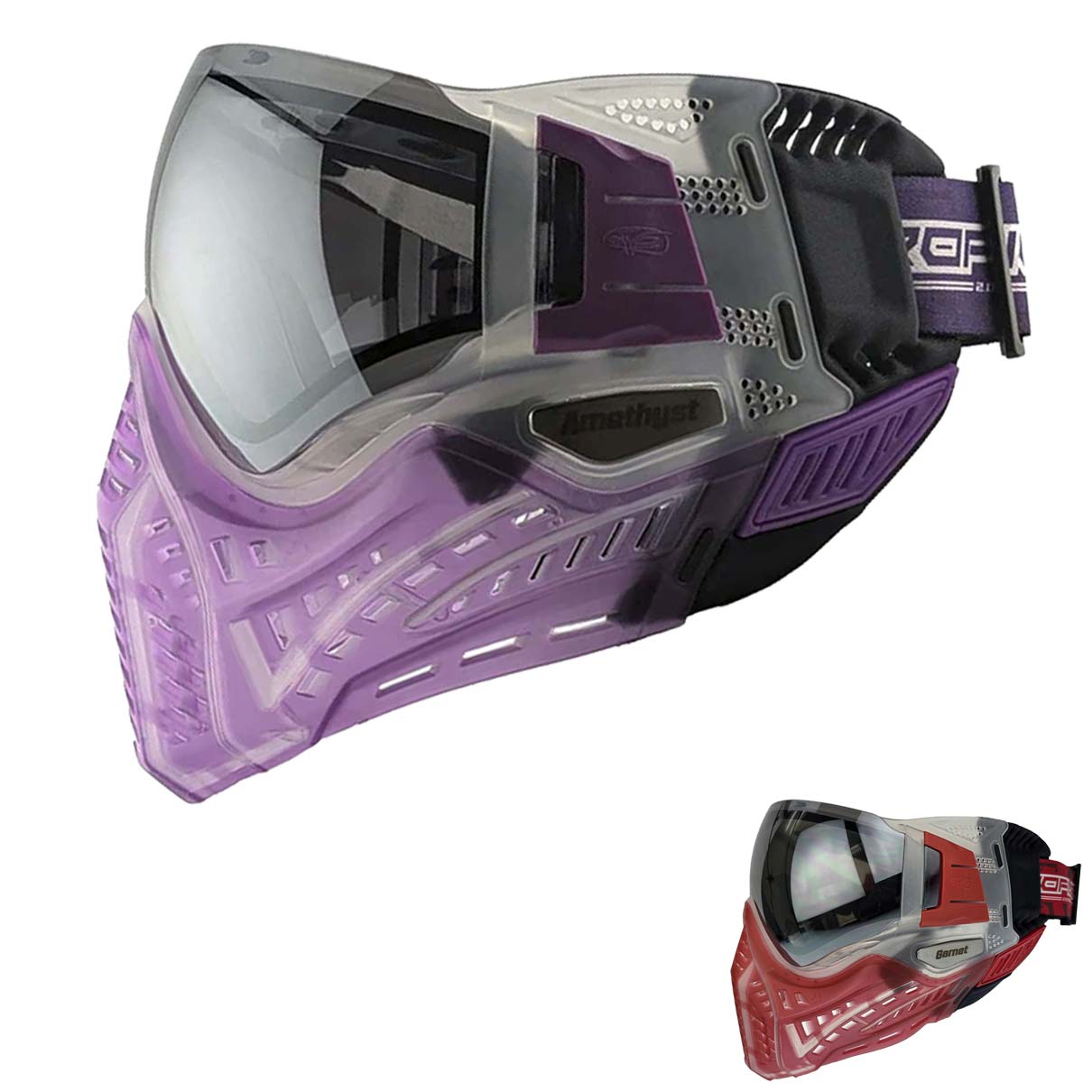 VForce Profiler 2.0 Birthstone paintball goggles purple amethyst and red garnet on a white background.