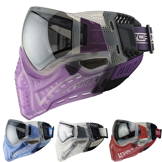 VForce Profiler 2.0 Birthstone paintball goggles purple amethyst, red garnet, Clear Diamond, Aquamarine blue on a white background.