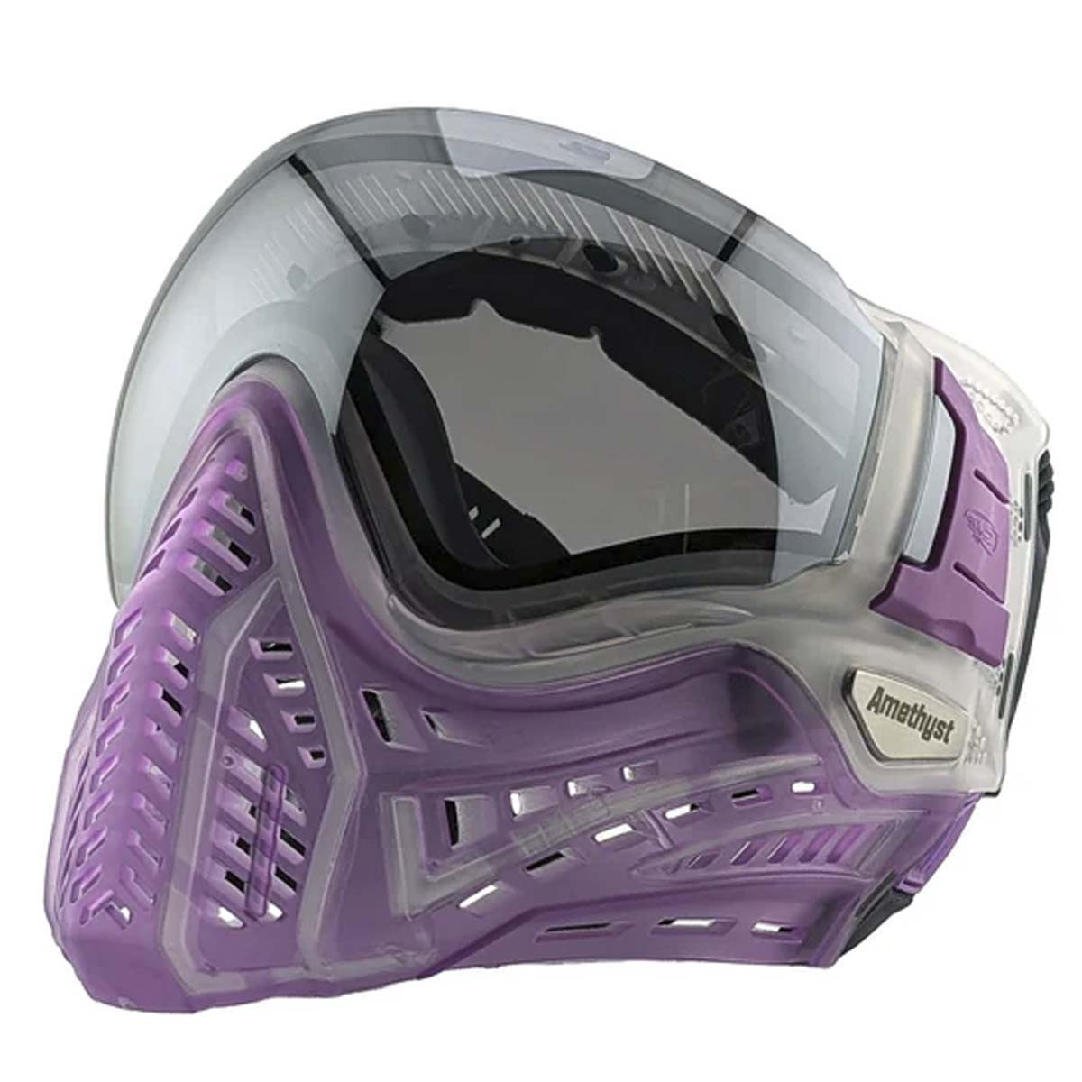 Left front angle Purple VForce Profiler 2.0 Birthstone Limited Edition Paintball Goggle February Amethyst with mirror lens and purple strap on a white background