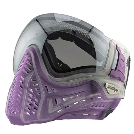Left front angle Purple VForce Profiler 2.0 Birthstone Limited Edition Paintball Goggle February Amethyst with mirror lens and purple strap on a white background