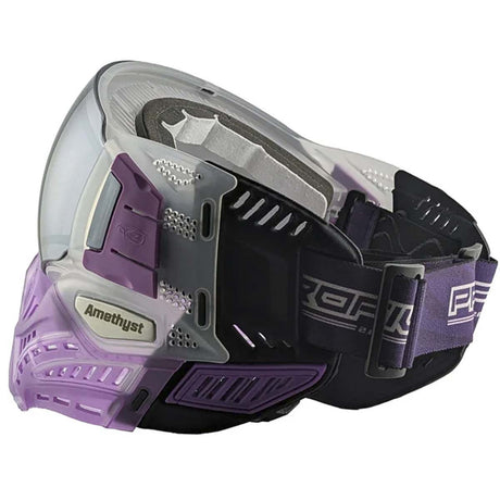 Left back angle Purple VForce Profiler 2.0 Birthstone Limited Edition Paintball Goggle February Amethyst with mirror lens and purple strap on a white background