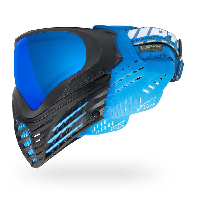 Left side of Blue Virtue VIO X6 Goggle Ice Black paintball mask with black accents on a white background