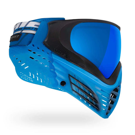 Right side of Blue Virtue VIO X6 Goggle Ice Black paintball mask with black accents and a blue lens on a white background