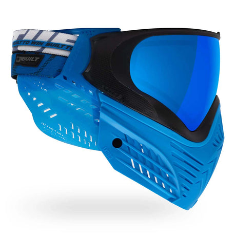 Right side of Blue Virtue VIO X6 Goggle Ice Black paintball mask with black accents and a blue skirt and a blue lens on a white background