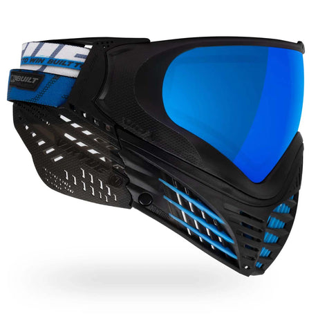 Right side of Blue Virtue VIO X6 Goggle Ice Black paintball mask with blue accents and a blue lens on a white background