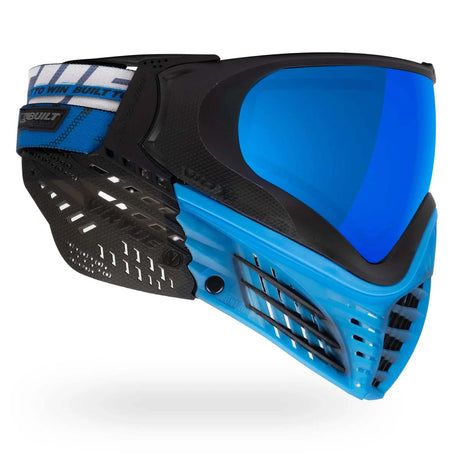 Right side of Blue Virtue VIO X6 Goggle Ice Black paintball mask with black accents and a blue lens on a white background