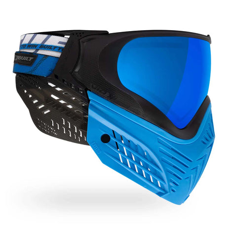 Right side of Blue Virtue VIO X6 Goggle Ice Black paintball mask with black accents, a blue skirt and black ears and a blue lens on a white background