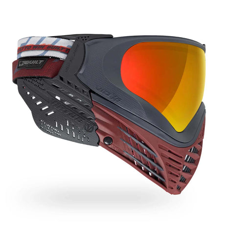 Red and black paintball mask Virtue VIO X6 Goggle Red Fire with orange lens and red and black skirt on a white background