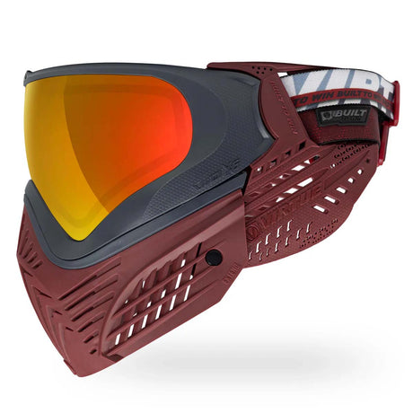 Left side of Red and black paintball mask Virtue VIO X6 Goggle Red Fire with orange lens and red skirt on a white background