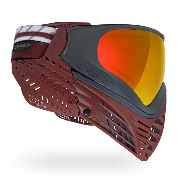 Red side of Red and black paintball mask Virtue VIO X6 Goggle Red Fire with orange lens and red ears on a white background