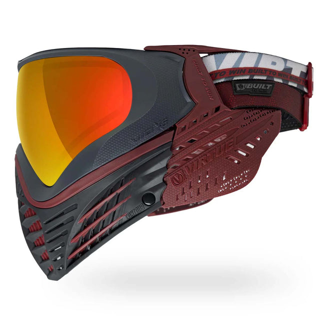 Left side of Red and black paintball mask Virtue VIO X6 Goggle Red Fire with orange lens and red ears on a white background