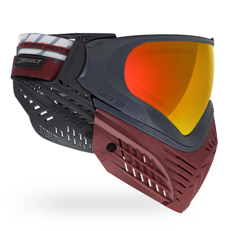 Right side of Red and black paintball mask Virtue VIO X6 Goggle Red Fire with orange lens, red skirt and black ears on a white background