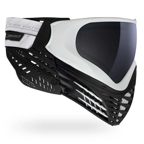 Left side of White paintball mask Virtue VIO X6 Goggle White Storm with black lens and VIO X6 branding on a white background