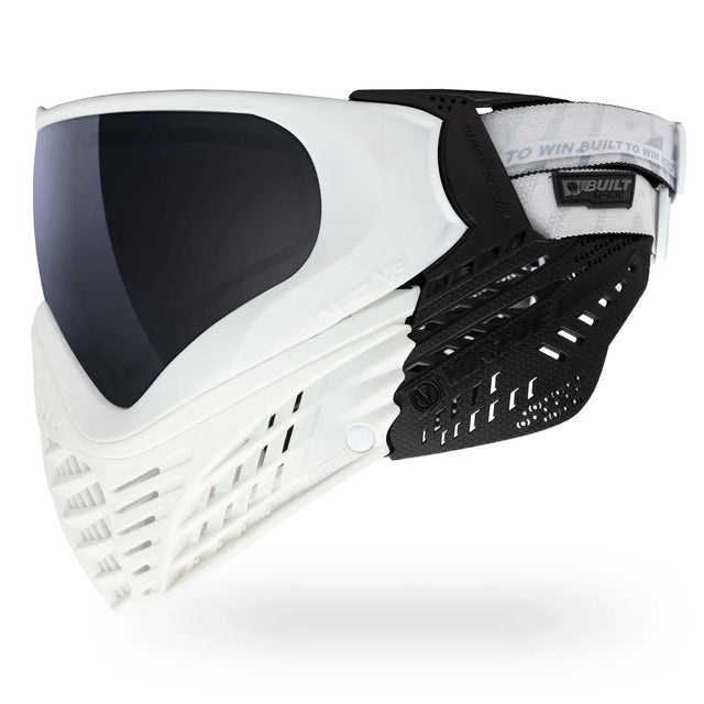 Right side of White paintball mask Virtue VIO X6 Goggle White Storm with black lens and white skirt on a white background
