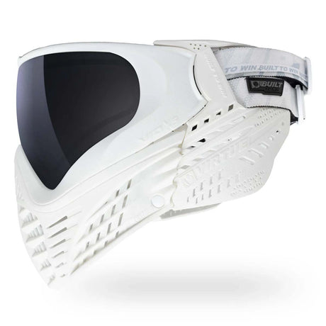 Right side of White paintball mask Virtue VIO X6 Goggle White Storm with black lens, white skirt and white ears on a white background